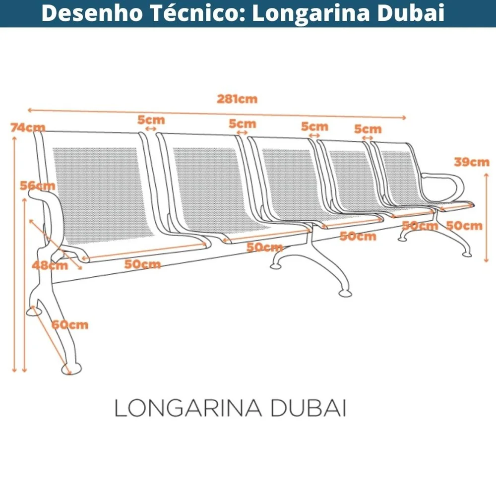 Imagem 2 de 3 do produto Longarina 5 Lugares Dubai Fratini Cinza