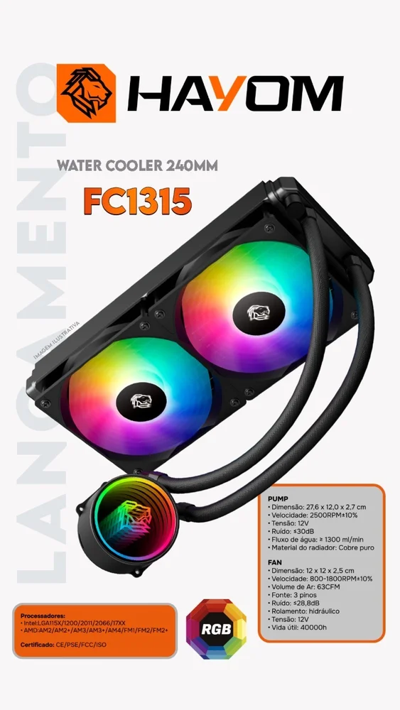 Water Cooler Gamer RGB Rainbow 240mm Fc1315 Preto Amd Intel 8