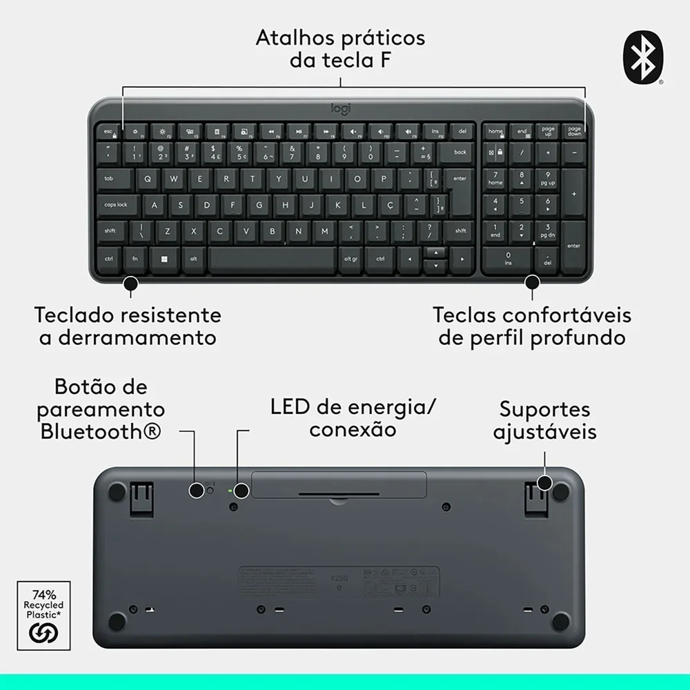 Imagem 3 de 5 do produto Teclado Bluetooth Logitech K250 Grafite 920-013448