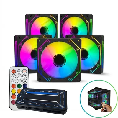 Kit 5 Fan Cooler 6pin Preto Gabinete LED RGB 120mm Controladora