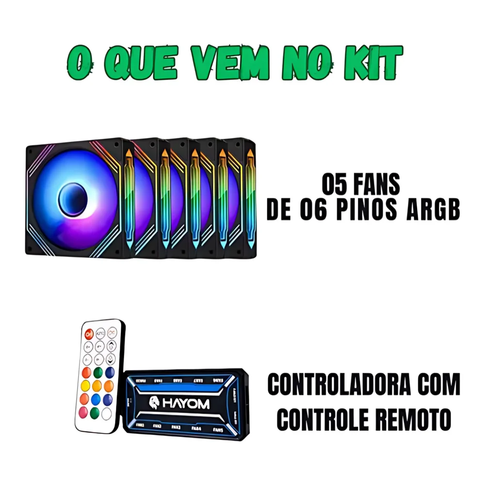 Imagem 5 de 5 do produto Kit 5 Fan Cooler 6pin Preto Gabinete LED RGB 120mm Controladora