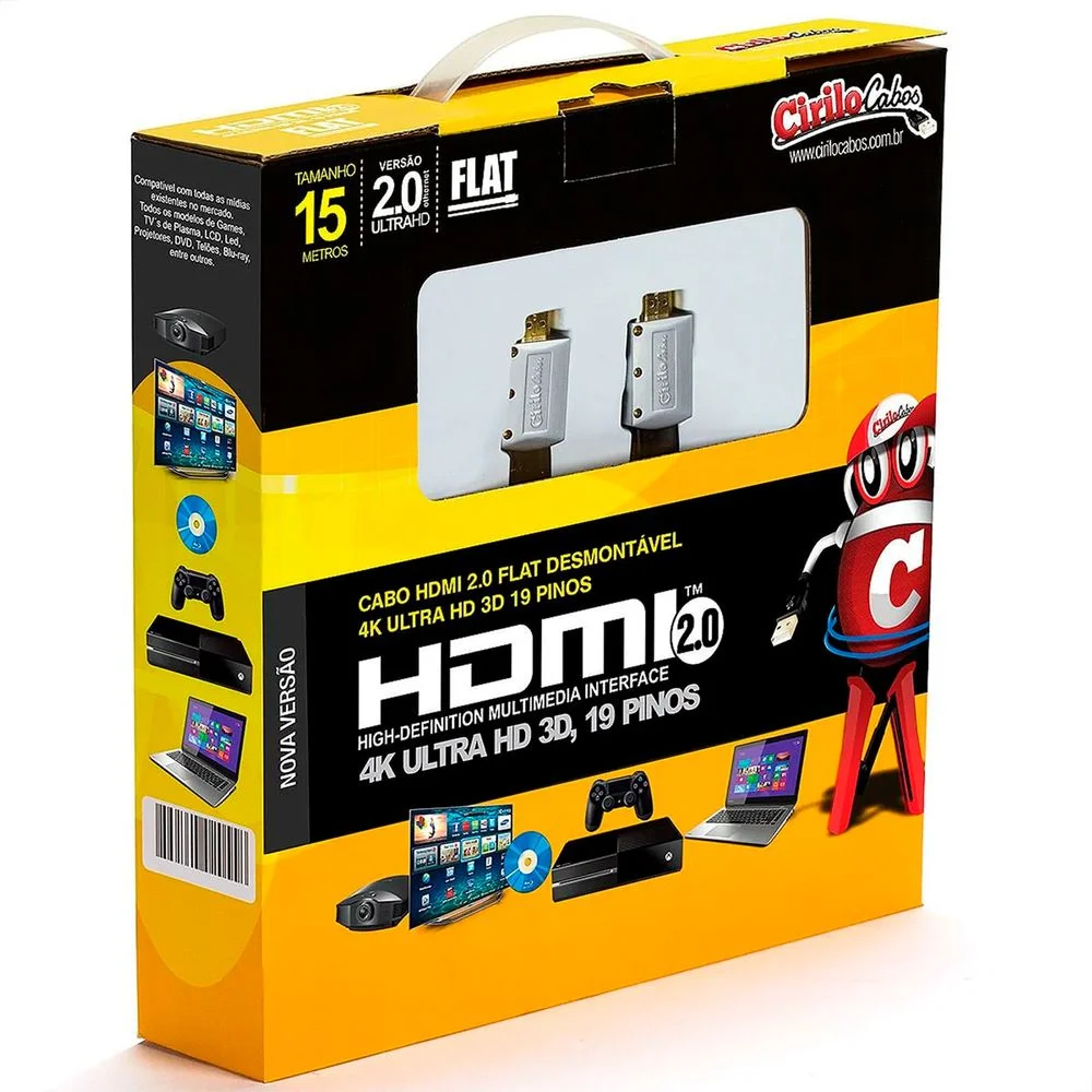 Imagem 2 de 4 do produto Cabo HDMI 2.0 Flat Desmontável,19 Pinos, 4k, Ultra Hd, 3d - 15 Metros