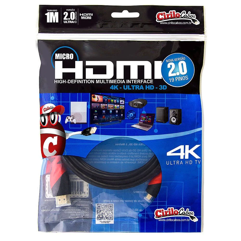 Imagem 2 de 3 do produto Cabo Micro HDMI Para HDMI 2.0, Ultra Hd, 4k, 3d, 1 Metro