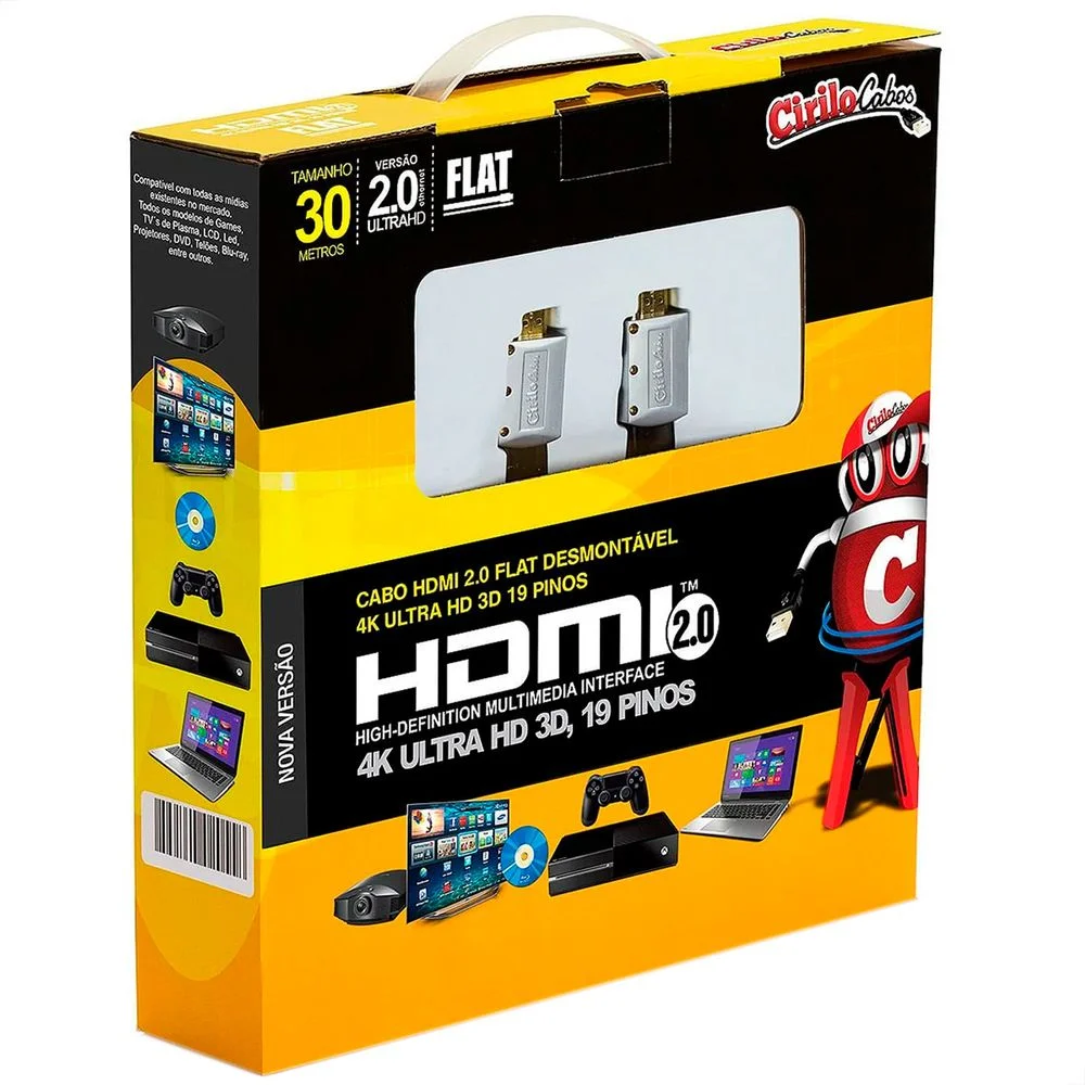 Imagem 2 de 4 do produto Cabo HDMI 2.0 Flat Desmontável,19 Pinos, 4k, Ultra Hd, 3d - 30 Metros