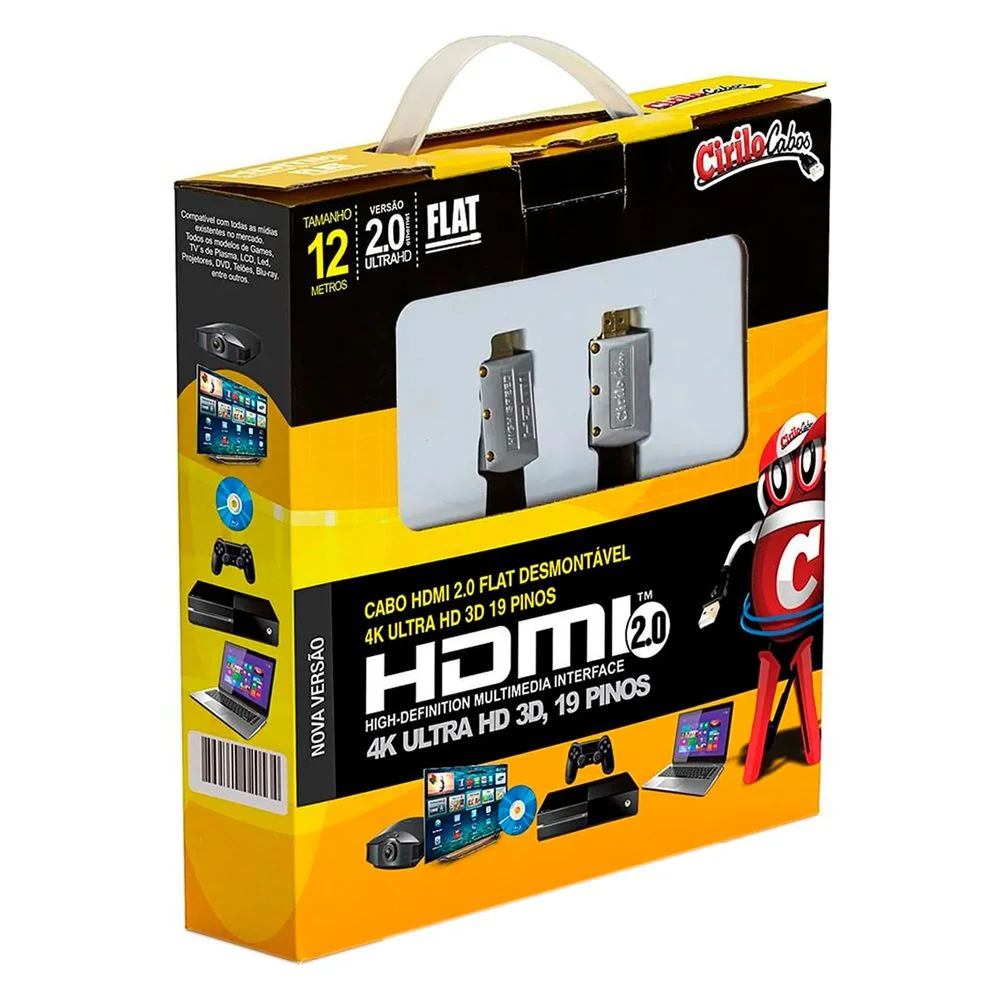 Imagem 2 de 4 do produto Cabo HDMI 2.0 Flat Desmontável,19 Pinos, 4k, Ultra Hd, 3d - 12 Metros