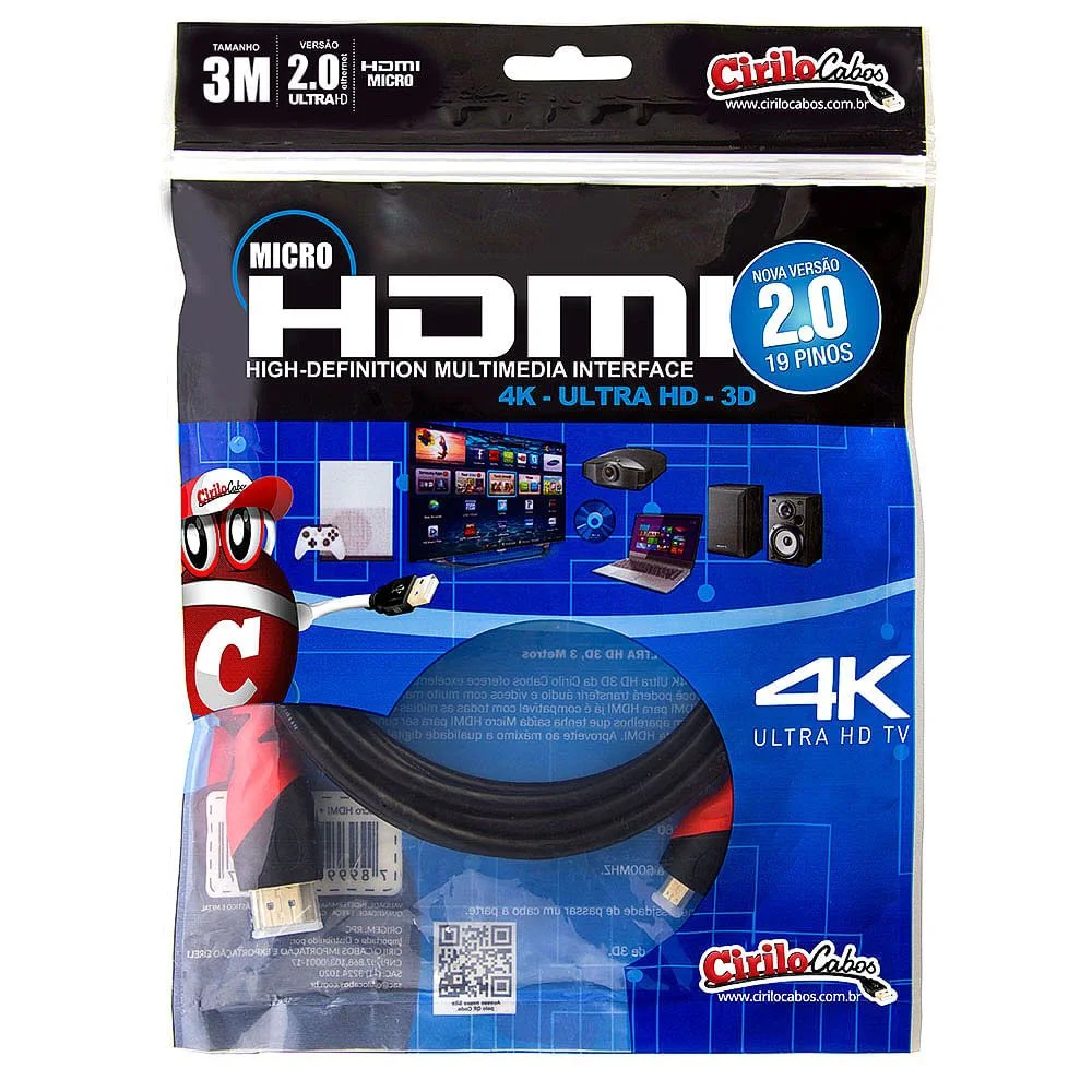 Imagem 2 de 3 do produto Cabo Micro HDMI Para HDMI 2.0, Ultra Hd, 4k, 3d, 3 Metros