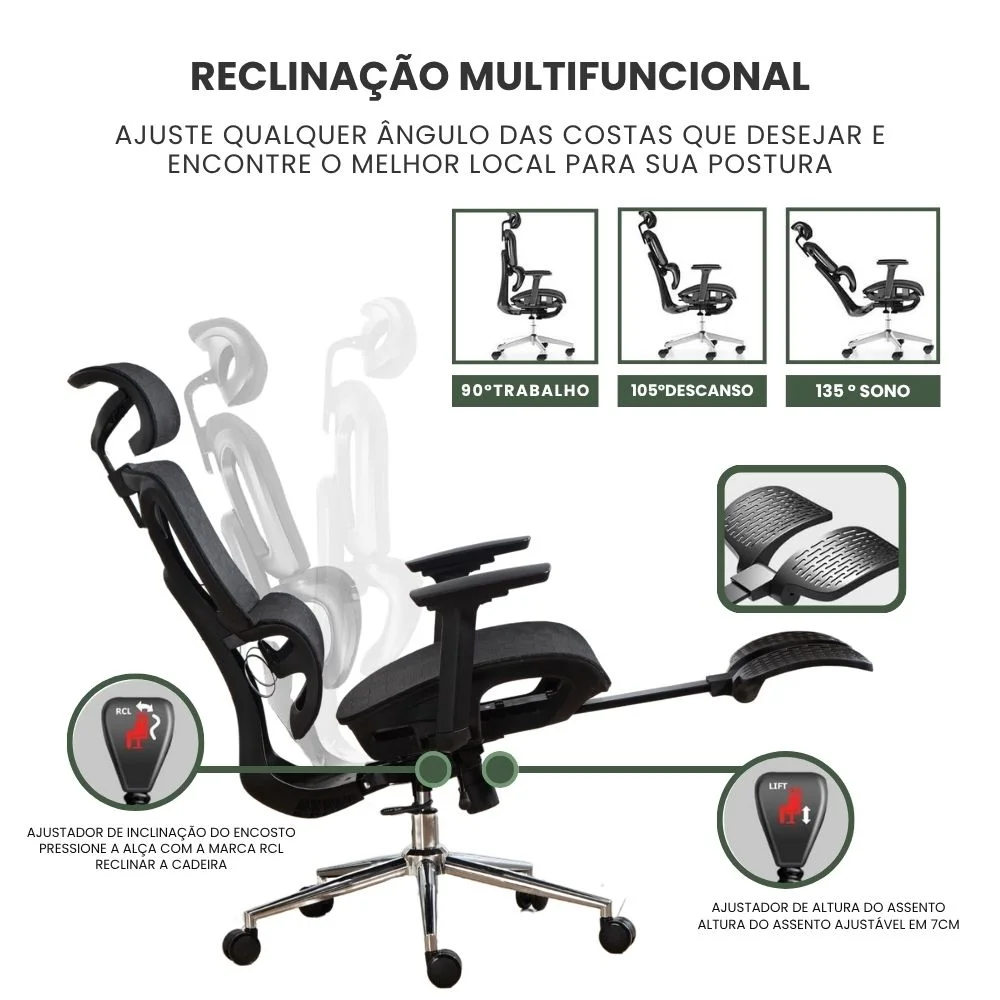 Imagem 4 de 5 do produto Cadeira Escritório Ergonômica Executiva Premium Dinamarca Bt03 Luvinco, Suporta 200kg, Suporte Lombar, Adaptável, Apoio De Perna, Preto