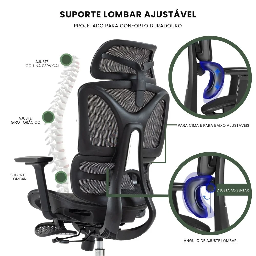 Imagem 5 de 5 do produto Cadeira Escritório Ergonômica Executiva Premium Dinamarca Bt03 Luvinco, Suporta 200kg, Suporte Lombar, Adaptável, Apoio De Perna, Preto