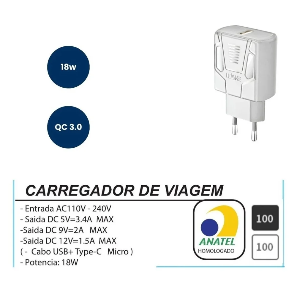 Imagem 5 de 5 do produto Fonte Carregador Celular - Branco - Entrada Usb Turbo 3.0 18w Le-299 Lelong - Universal Smartphones, Tablet - Panami