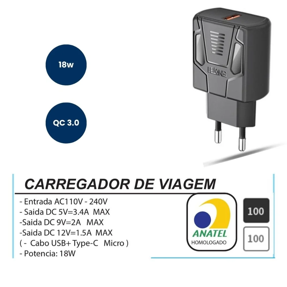 Imagem 4 de 4 do produto Fonte Carregador Celular - Preto - Entrada Usb Turbo 3.0 18w Le-299 Lelong - Universal Smartphones, Tablet - Panami
