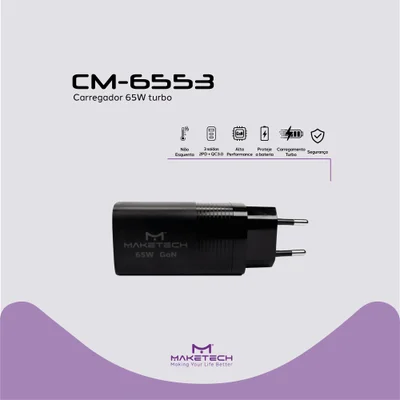 Carregador 2x Usb-c 1x Usb 65w Gan Cm-6553 Maketech Preto — foto 2
