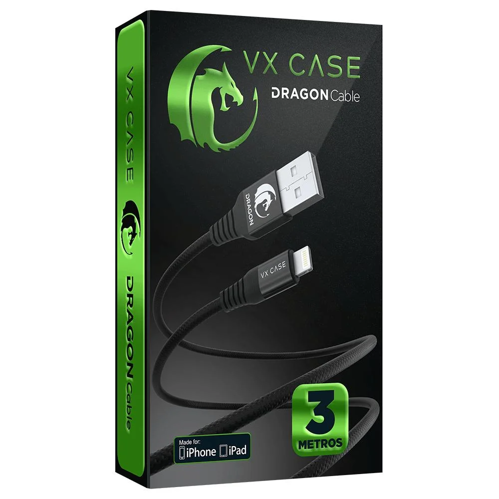 Imagem 2 de 4 do produto Cabo Para Iphone/ipad Usb Lightning Dragon 3 Metros Vx Case Preto (1 Ano de Garantia)