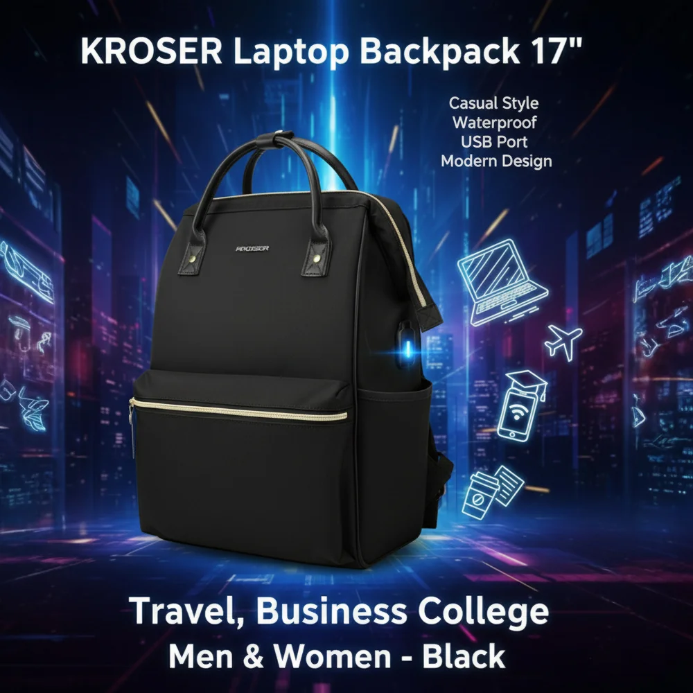 Imagem 5 de 5 do produto Mochila Kroser Para Laptop 17" Impermeável, Casual Preta