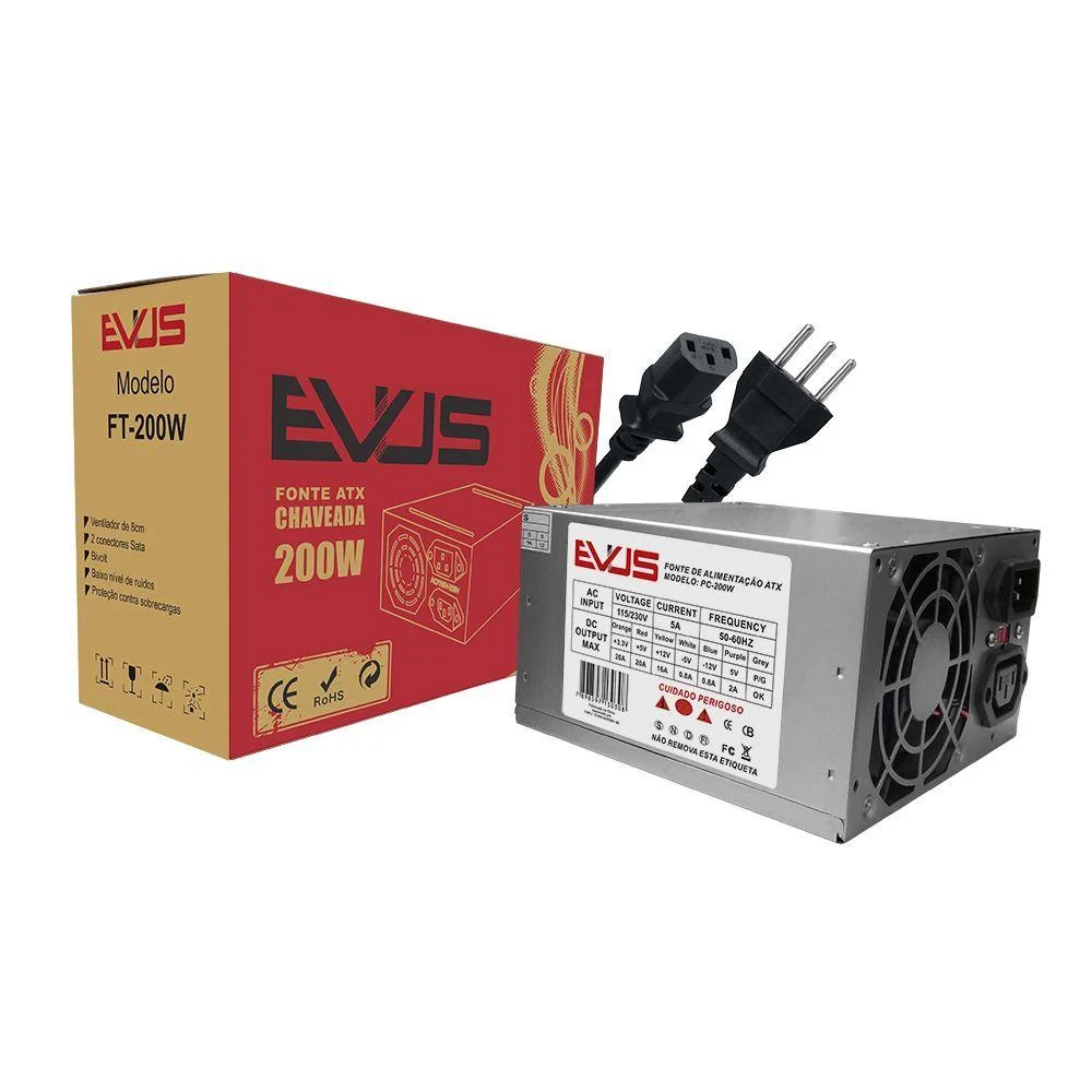 Fonte Evus Ft-200w 200w Real 20/ 24p 2 Sata Com Cabo De Forca E Caixa