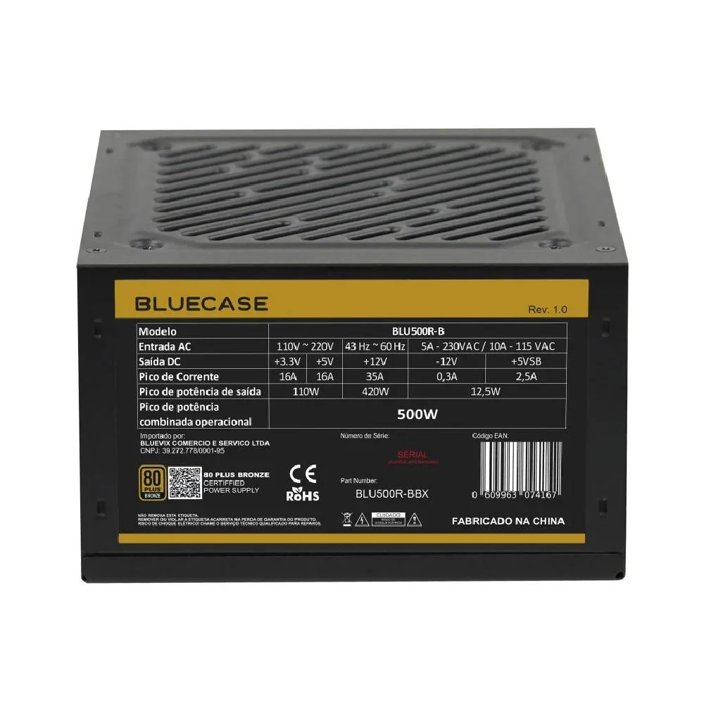 Imagem 3 de 5 do produto Fonte De Alimentação Bluecase Atx Ps/2 500w 80 Plus Bronze Pfc Ativo C/cabo - Blu500r-bbx