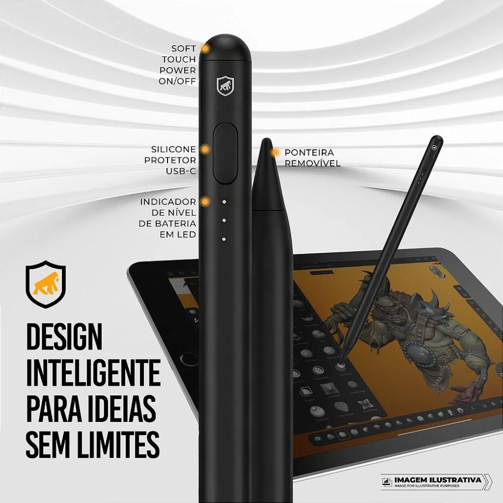 Imagem 4 de 5 do produto Caneta Touch Capacitiva Pro Com Palm Rejection E Traço Adaptável - Preta - Gshield