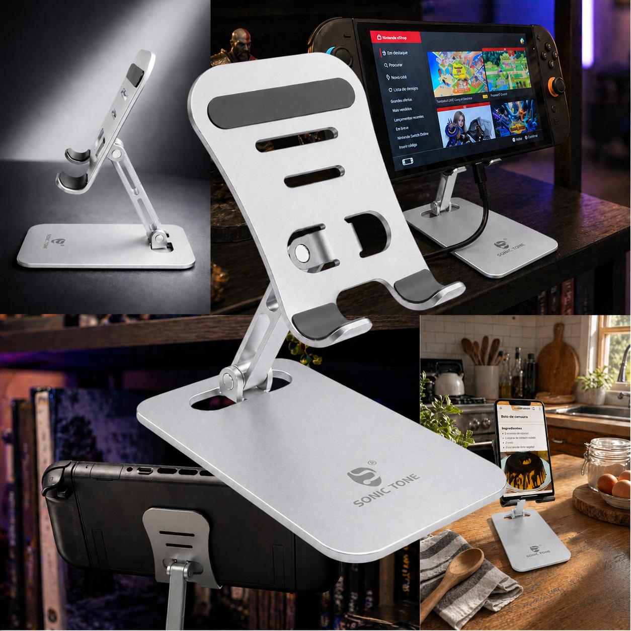Suporte De Mesa Para Celular E Tablet Somic Tone Em Alumínio Prata