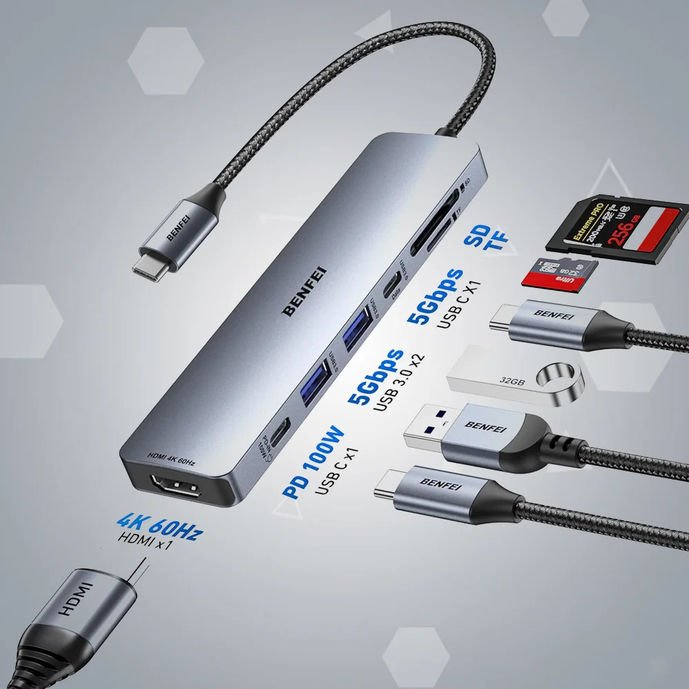 Imagem 5 de 5 do produto Benfei Hub Usb C 7 Em 1 HDMI 4k60hz Pd100w Usb 3.0 Sd/ft