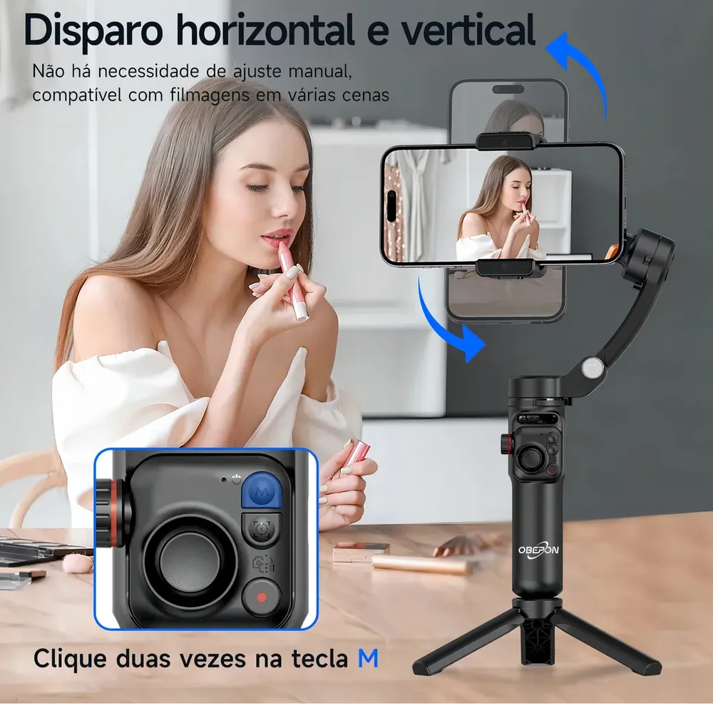 Imagem 2 de 5 do produto Estabilizador Celular Gimbal Tripé 3 Eixos Reconhecimento Facial Ia Oberon Or-1682
