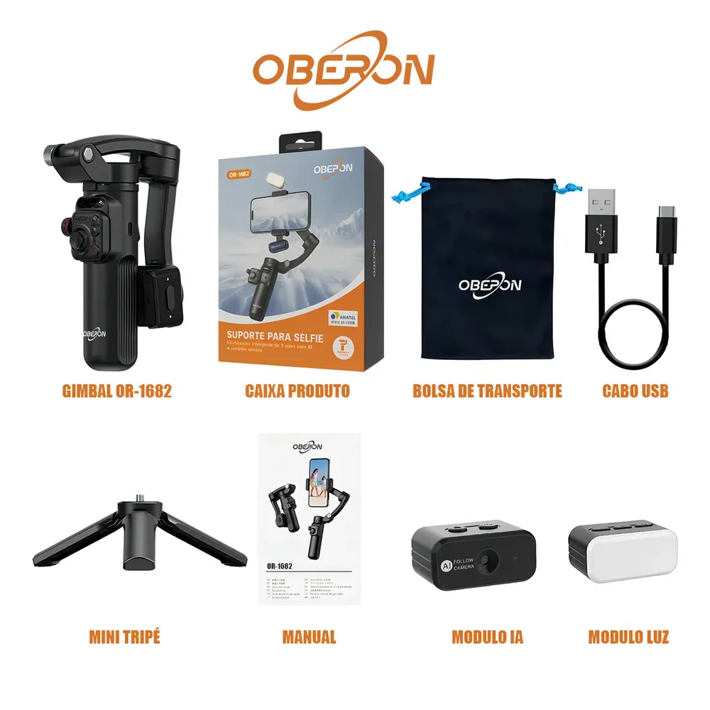 Imagem 5 de 5 do produto Estabilizador Celular Gimbal Tripé 3 Eixos Reconhecimento Facial Ia Oberon Or-1682