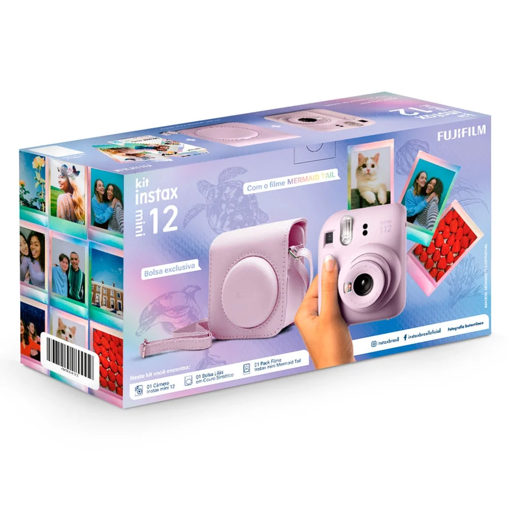 Imagem 3 de 5 do produto Kit Câmera Analógica Fujifilm Instax Mini 12 Lilás Mermaid Com Bolsa E Pack Com 10 Filmes N/a
