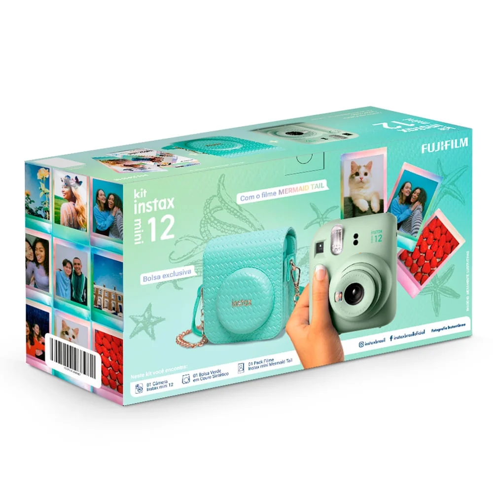 Imagem 3 de 5 do produto Kit Câmera Analógica Fujifilm Instax Mini 12 Verde Mermaid Com Bolsa E Pack Com 10 Filmes N/a