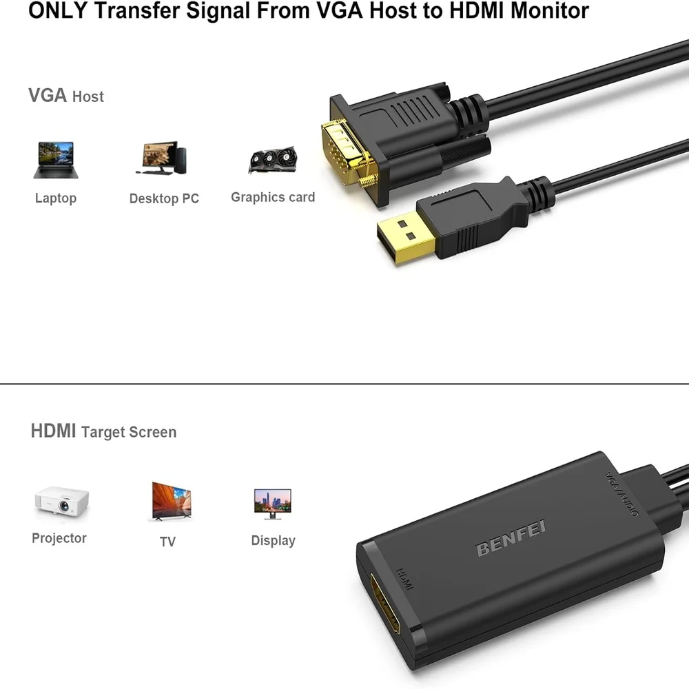 Imagem 2 de 5 do produto Adaptador Conversor Vga Para HDMI 1080p Benfei Usb Áudio
