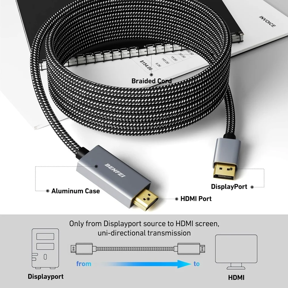 Imagem 4 de 5 do produto Cabo Displayport Para HDMI 4k 4,5m Benfei Nylon Alumínio