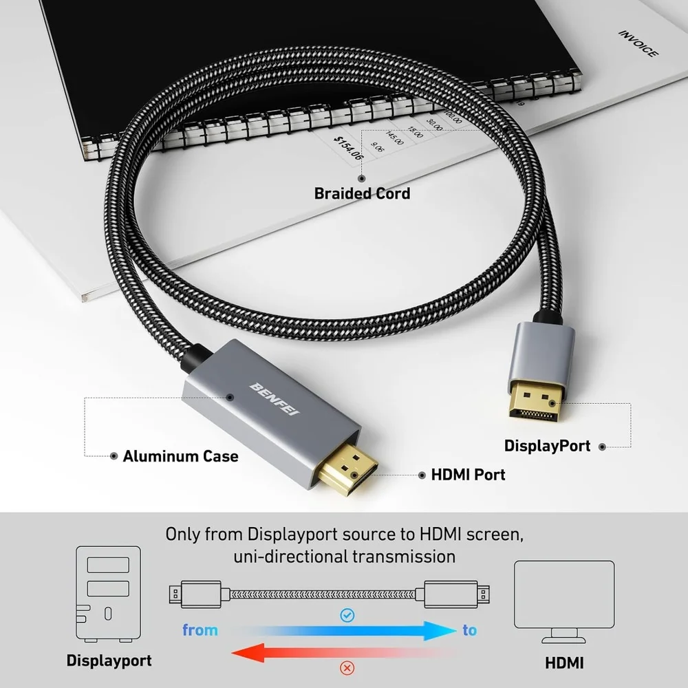 Imagem 4 de 5 do produto Cabo Displayport Para HDMI Benfei 4k 0,9m Nylon Trançado