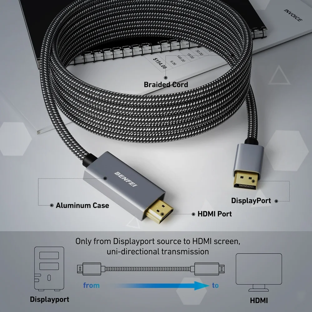 Imagem 4 de 5 do produto Benfei Cabo Displayport Para HDMI 4k 3m Nylon Alumínio