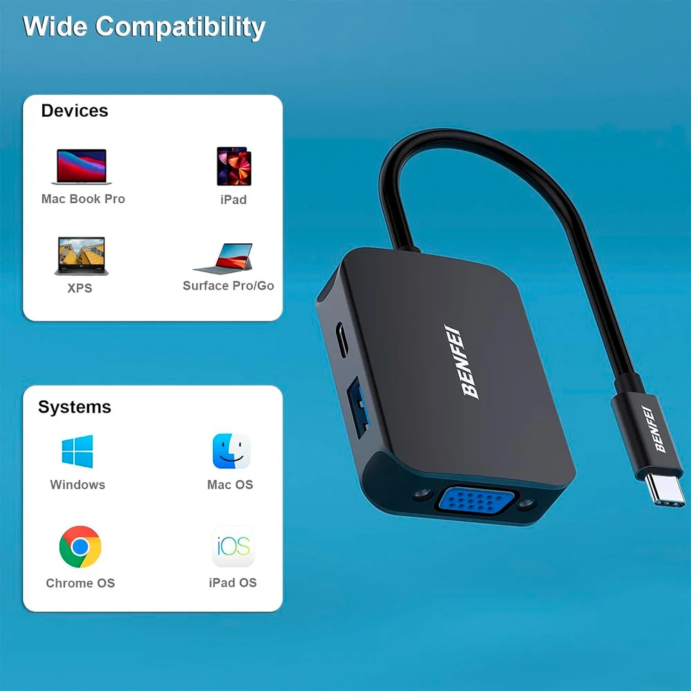 Imagem 2 de 5 do produto Benfei Hub Usb C 4 Em 1 Para HDMI, Usb A/c, Vga Preto