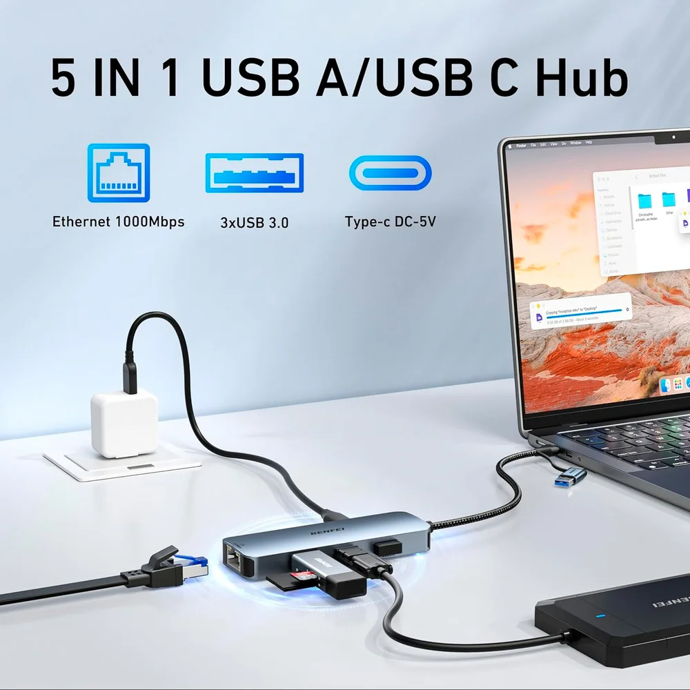 Imagem 5 de 5 do produto Adaptador Ethernet Benfei Usb C Gigabit Rj45 Hub 3 Portas