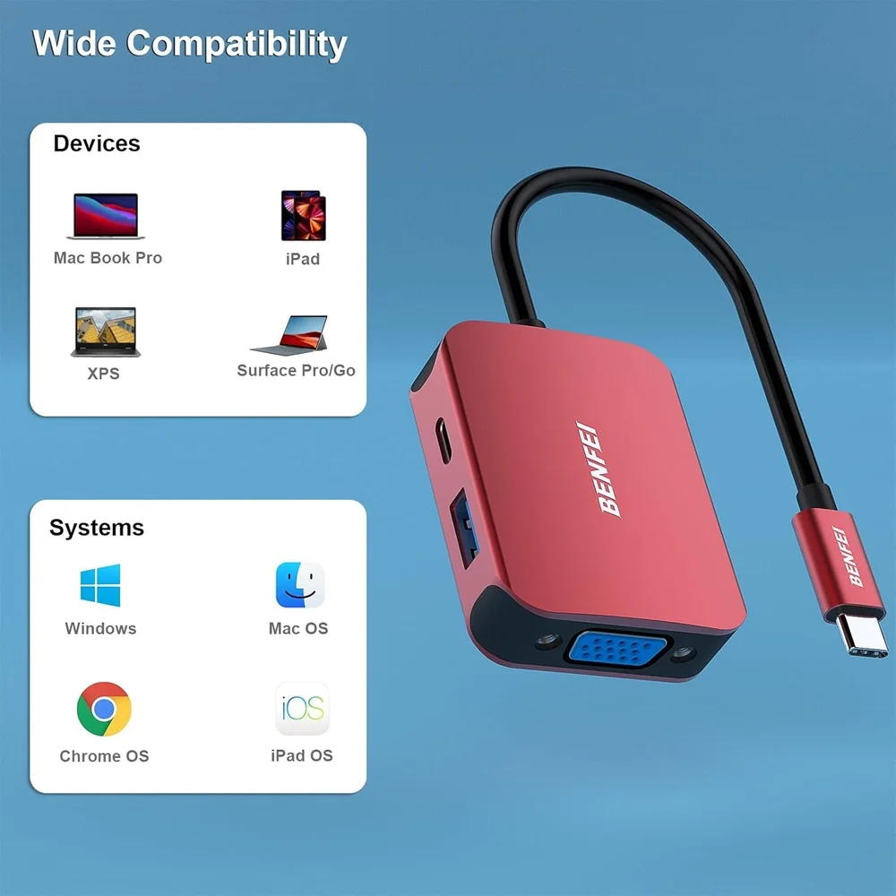 Imagem 2 de 5 do produto Benfei Hub Usb-c 4 In1 P/hdmi Vga Usb 3.0 Pd60w Vermelho