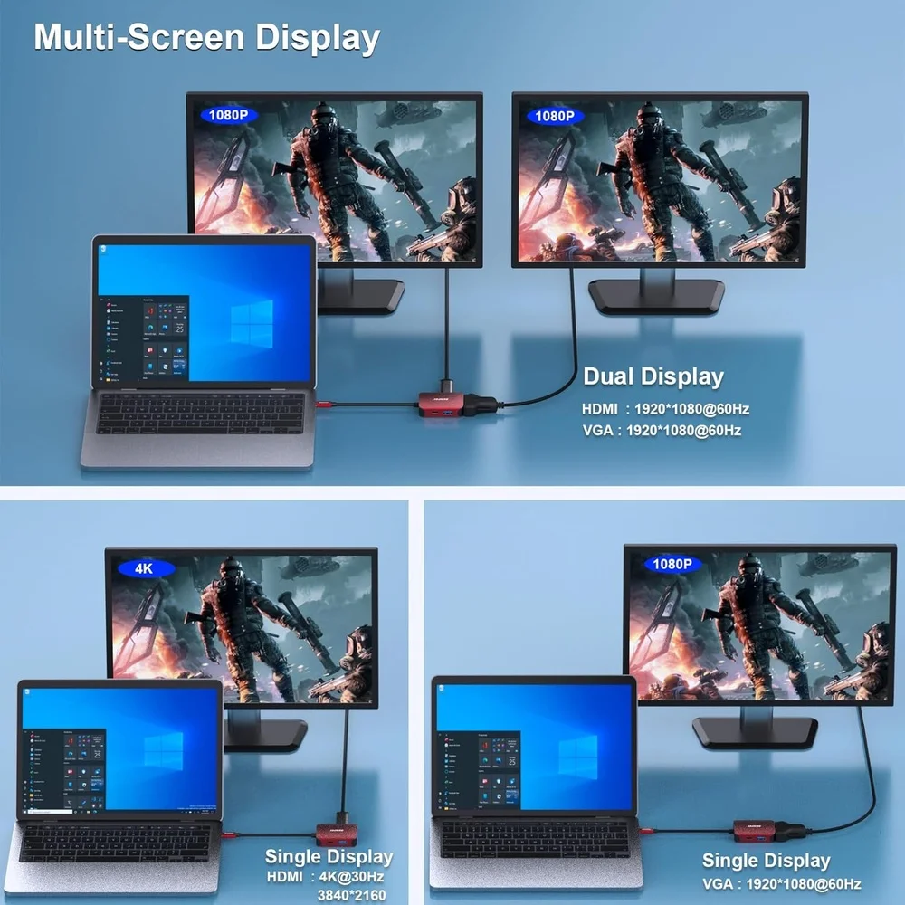 Imagem 3 de 5 do produto Benfei Hub Usb-c 4 In1 P/hdmi Vga Usb 3.0 Pd60w Vermelho