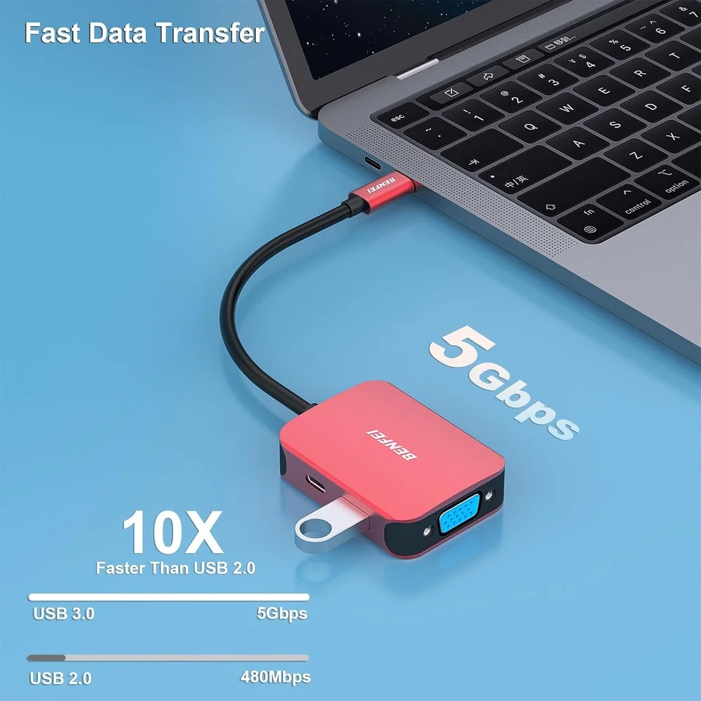 Imagem 4 de 5 do produto Benfei Hub Usb-c 4 In1 P/hdmi Vga Usb 3.0 Pd60w Vermelho