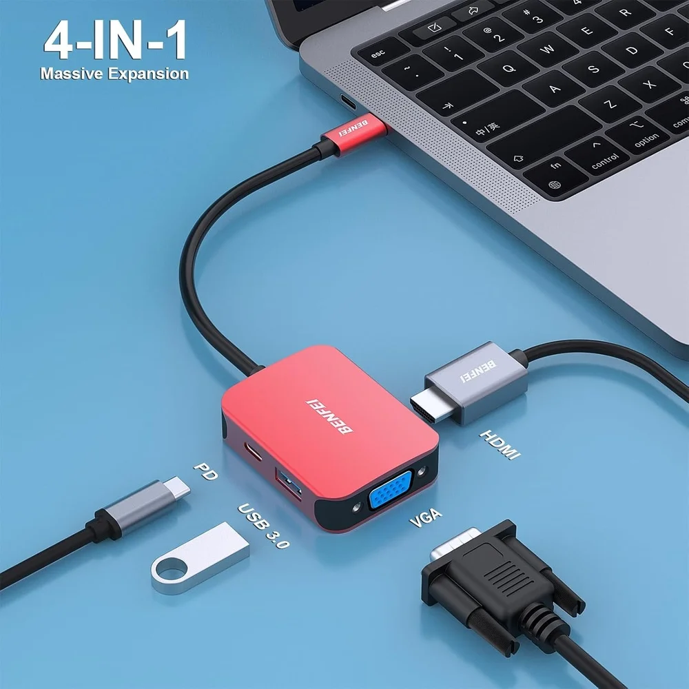 Imagem 5 de 5 do produto Benfei Hub Usb-c 4 In1 P/hdmi Vga Usb 3.0 Pd60w Vermelho