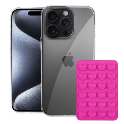 Kit Capa Crystal Slim Para Iphone 15 Pro Max + Ventosa Rosa