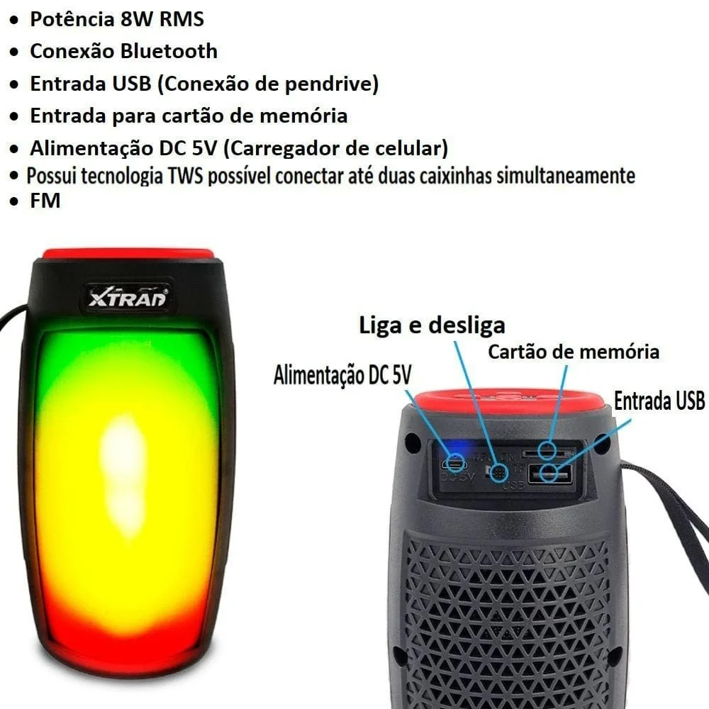 Imagem 4 de 4 do produto Caixa De Som Bluetooth Tws RGB Portátil 8w Xtrad Vermelho