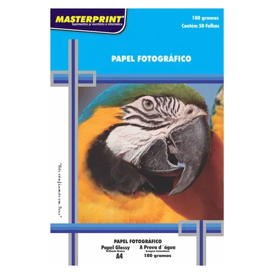 Papel Foto Glossy, Brilhante Branco 180g A4, Pacote C/ 50 Folhas, Masterprint - 302010004