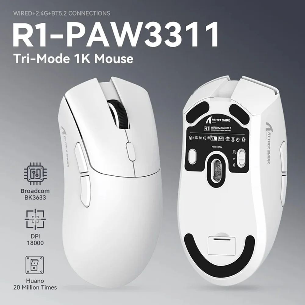 Imagem 3 de 5 do produto Mouse Gamer Attack Shark R1 18000dpi Paw3311 Branco 1000hz