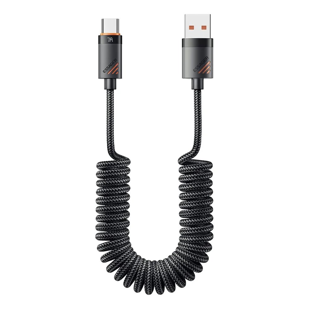 Cabo Usb Tipo-c Espiral Essager 7a 100w Turbo Reforçado 1,8m – Carregamento Ultra Rápido E Design Compacto