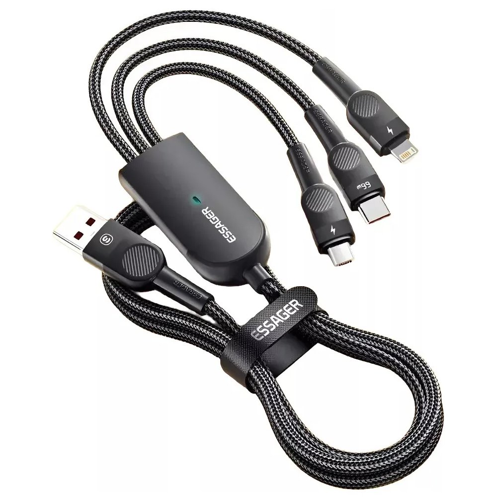 Cabo Carregador Turbo Essager 3 Em 1 Com Conexões Tipo-c Lightning E Micro Usb 66w Preto
