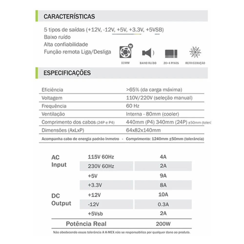 Imagem 4 de 4 do produto Fonte Atx 20+4 K-mex 200w K-mex