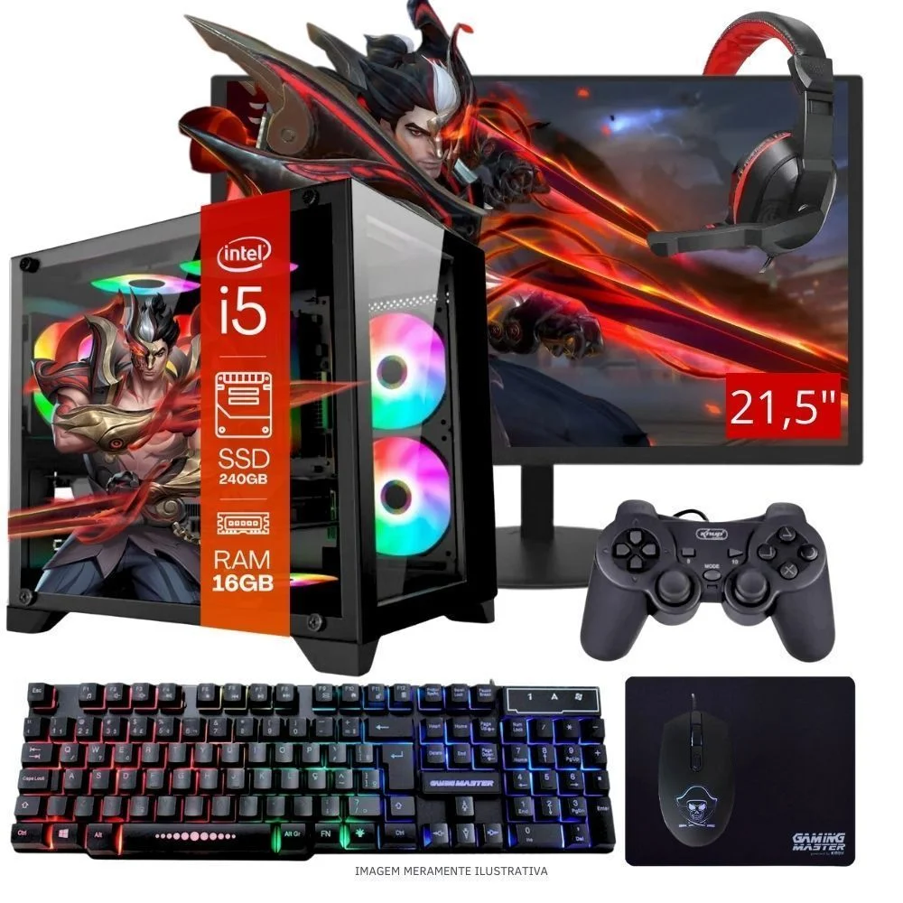 Computador PC Gamer Completo Balão.info Core i5 SSD 240GB 16gb WINDOWS 10 Pro Trial + Teclado/mouse + Mouse Pad + Headset + Joystick + Monitor 21.5
