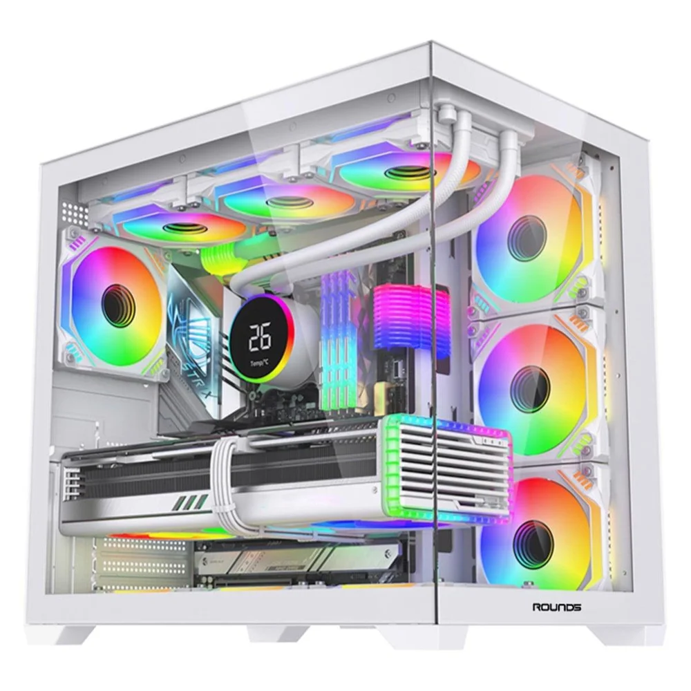 Gabinete Gamer Round5 Genos White, Aquário, Mid Tower, Lateral De Vidro, Atx, Sem Fans, Branco, R5-genos-w-2190