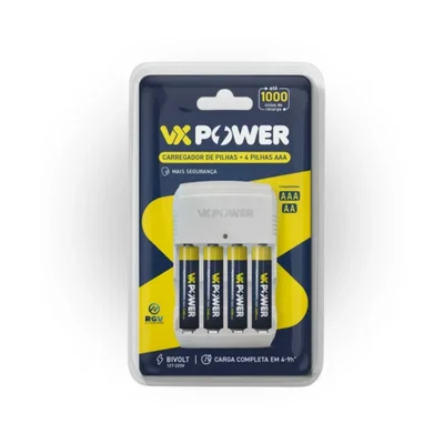 Carregador De Pilhas Bivolt Vx Power + 4 Pilhas Recarregáveis Aaa - V0506 -