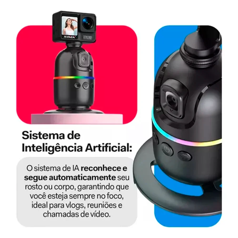 Gimbal Rastreador Suporte Celular Estabilizador Facial 360 Graus Reconhecimento De Gestos Super Bateria Inclusa