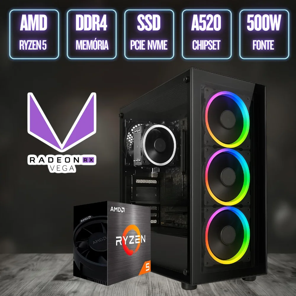 PC Gamer Completo Bluepc Force, Amd Ryzen 5, Radeon Rx, 8GB Ddr4, SSD 256gb, Fonte 500w, Monitor LED 23" - Pgbp-for112