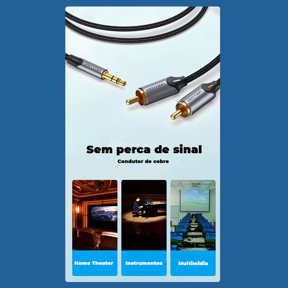 Imagem 2 de 5 do produto Cabo P2 Estereo Para Rca Blindado Audio Mesa Som 3m Vention
