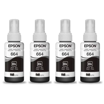 Kit 4 Tintas T664 Para L120 L1300 L395 664 T644 L396 L355 L555 L365 L355 Preto